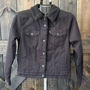 Levi's Sherpa Trucker Jacket L Black Denim Lined Snap Front Classic Casual